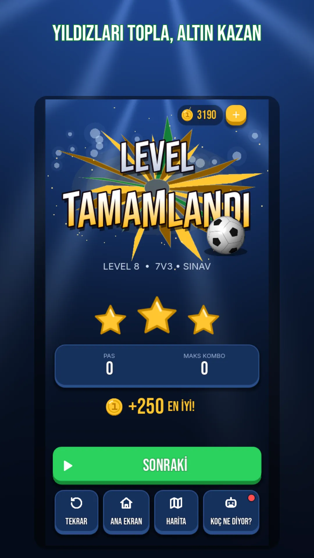Level tamamlandı ekranı: üç yıldız ve altın ödülü